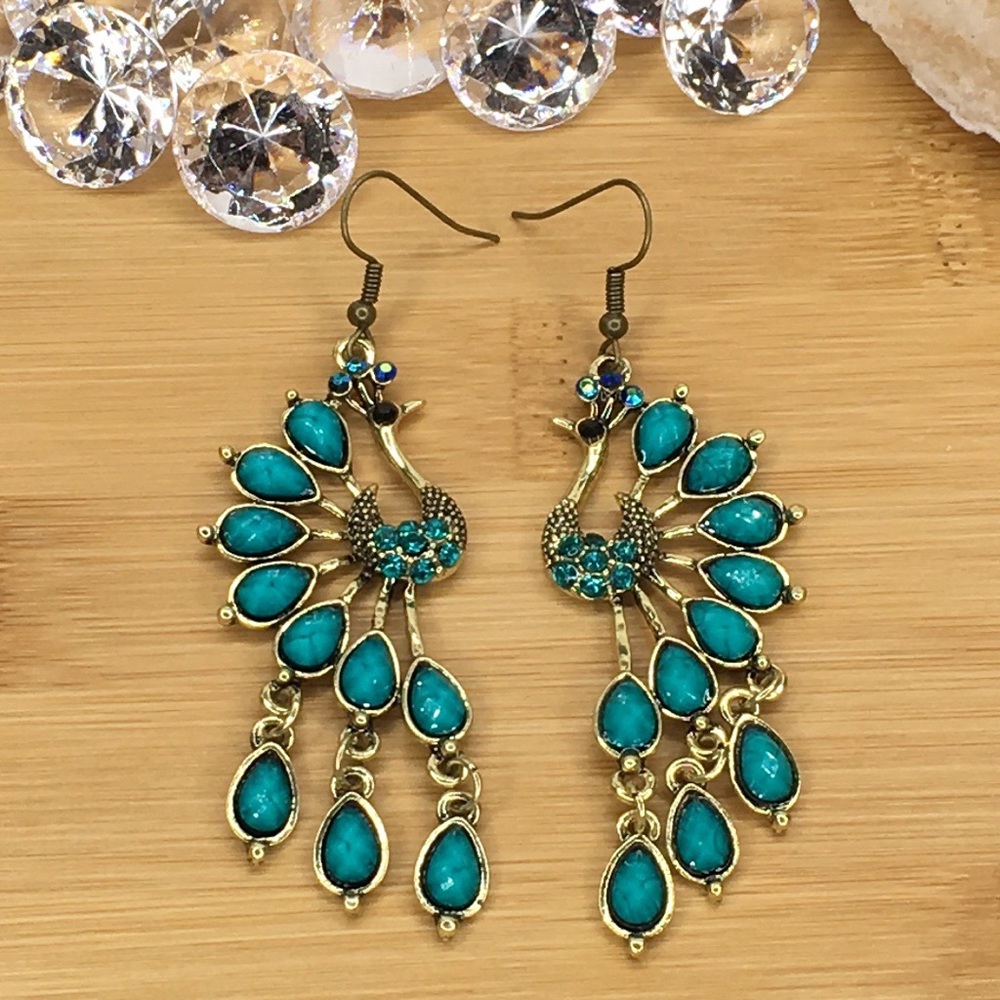 Teal Peacock Earrings - Picture 8 of 8